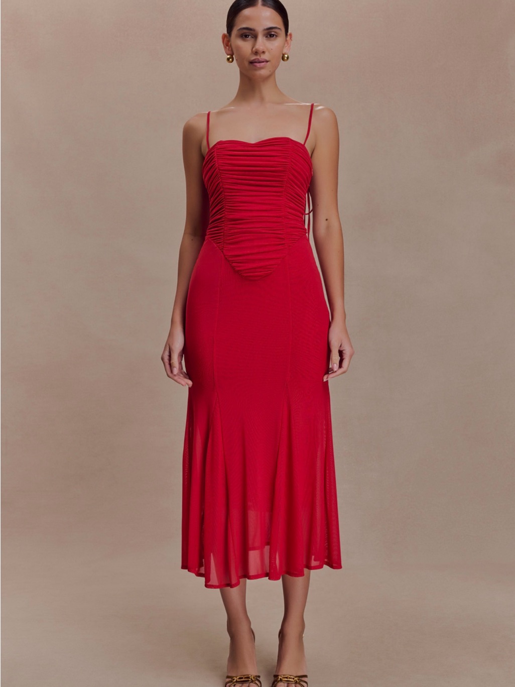 Meshki Red Ruched Bust Midi Dress